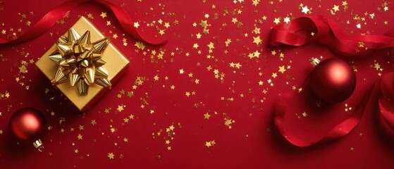 The golden gift box surrounded by festive decorations and red ribbons.