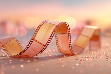 Stylized movie reel and film strip in orange, peach, and dusty pink tones curling against a gradient sunset background, film frames softly glowing, scattered warm light particles and airy bokeh