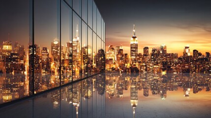 Rooftop view of a city at sunset, reflected in polished floors