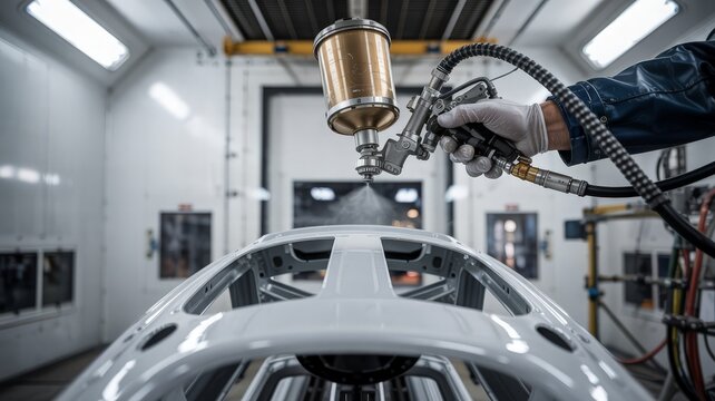 Automotive painter spray painting a car frame in a factory paint booth