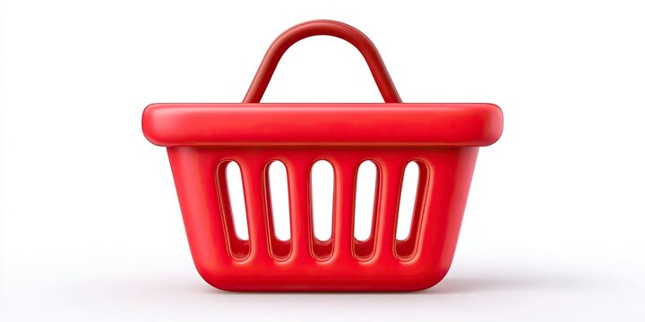 3D-rendered red shopping basket icon with handle on a clean white background