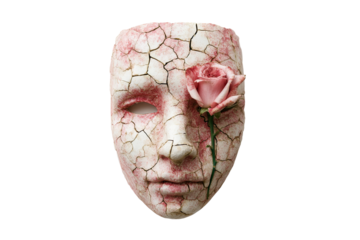 Cracked porcelain mask with a rose symbolizing fragile beauty and resilience