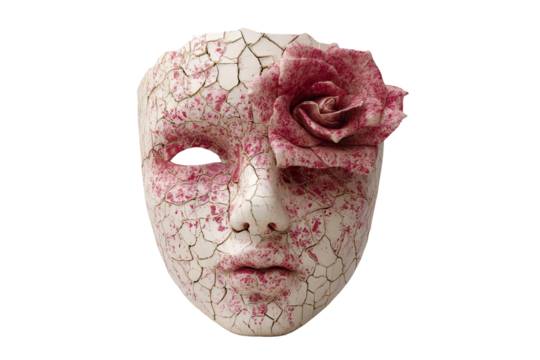 Cracked porcelain mask adorned with a delicate rose bloom in a serene setting