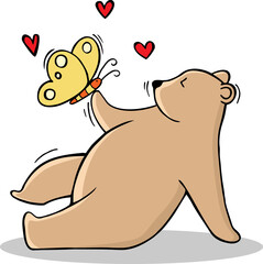Hand drawn of Cute bear playing with butterfly