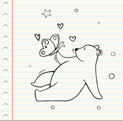 Hand drawn of Cute bear playing with butterfly