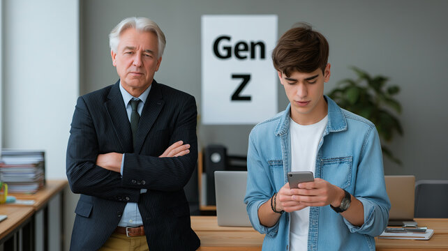 An older manager, arms crossed, stands next to a young man engrossed in his phone, with a 'Gen Z' sign visible, highlighting a generational gap in an office setting.
