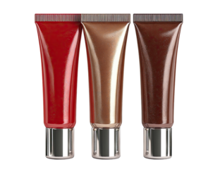 Three tubes of lip gloss in red, rose gold, and brown hues.  Glossy, cylindrical tubes with metallic caps.  Isolated on black