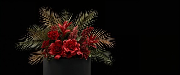 Podium floral display in deep red and gold tones with elegant tropical leaves glowing professionally on plain black background