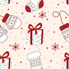 seamless pattern of Christmas mittens, gifts, and snowflakes in red and beige tones. Perfect for holiday wrapping paper and seasonal fabric.