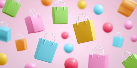 Pastel shopping bags & spheres float on pink, creating a playful scene