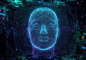 Futuristic Digital Human Face Made of Blue Light Particles in Cyber Environment