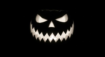 Glowing jack-o&rsquo;-lantern with sharp teeth and sinister eyes carved into a pumpkin, grinning in total darkness perfectly eerie Halloween atmosphere