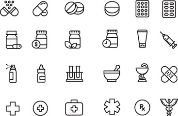 Thin line icon set of pharmacy. Pixel perfect icons, editable stroke.	
