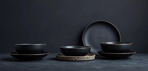 Sleek black ceramic plates and bowls on a charcoal backdrop,  contrast,  modern