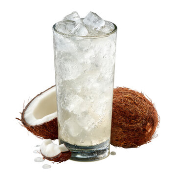 Refreshing Coconut Water Drink in Clear Glass Filled with Ice on White Background with Coconut Shells