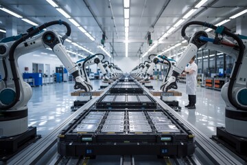Robotic arms assembling EV batteries on a factory production line