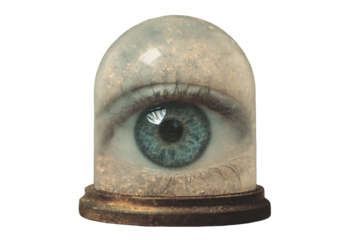Glass-domed eye in swirling smoke creates an eerie atmosphere