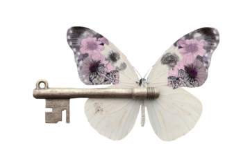 Surreal floating key adorned with intricate butterfly wings in soft tones