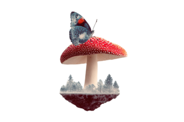 Floating mushroom with butterfly wings captures whimsical nature blend