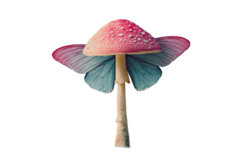 Floating mushroom with butterfly wings creates a whimsical fantasy fusion
