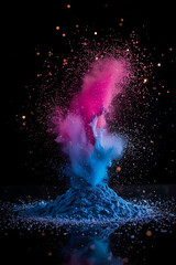 A vibrant powder explosion on a sleek black surface, accentuated by low-key lighting and soft bokeh highlights, is perfect for high-speed art or product photography, showcasing energy and contrast.