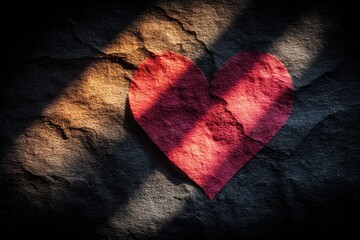 Symbol of Love and Heartbreak, A Textured Red Heart on a Dark, Cracked Stone Background