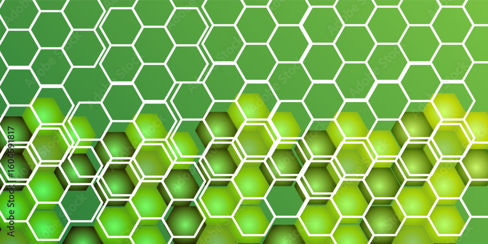 Poster futuristic green hexagon pattern with layered glowing elements and white grid overlay, abstract tech