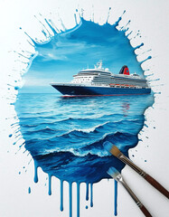 A vibrant colorful abstract cruise ship design showcasing an artistic explosion of emotion, color and dynamic shapes, a theme of leisure, travel and adventure.