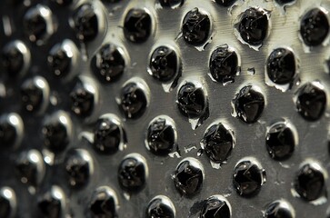 A close-up, abstract shot of a metal grater's surface, featuring numerous small, circular holes....