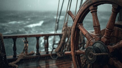Wooden ship's wheel in stormy sea