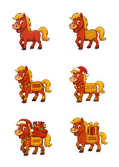 Funny cartoon horse with different New Year accessories - blanket, Santa hat, gifts and decorations. Set of holiday characters 2026 on a white background.