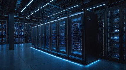 A server room illuminated with blue lights showing racks of data storage and network infrastructure