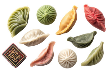 Assorted colorful dumplings, various shapes and colors,  arranged in a  composition against a black background.  A small, decorative,  stamp or label is in the lower left