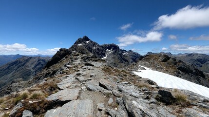Mountain ridge trail under bright sky