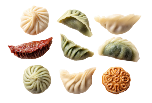 Assorted dumplings, various fillings and shapes, against black background