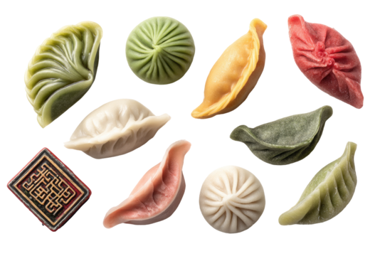 Assorted colorful dumplings, various shapes and colors,  arranged in a  composition against a black background.  A small, decorative,  stamp or label is in the lower left
