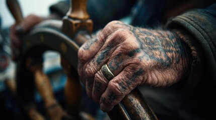 Aged hands with intricate tattoos grip a ship's wheel