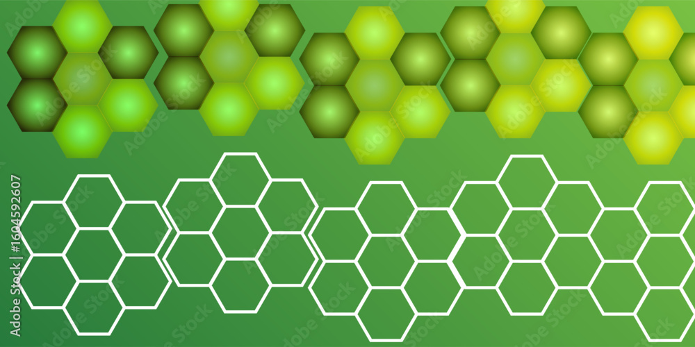Poster abstract green hexagon background with glowing light effects and gradient overlay, futuristic honeyc