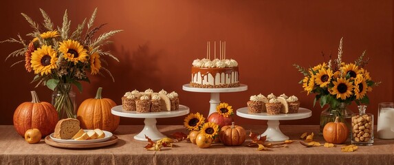 Autumn themed dessert buffet with caramel apples pumpkin cake and sunflower accents glowing richly on burnt sienna background