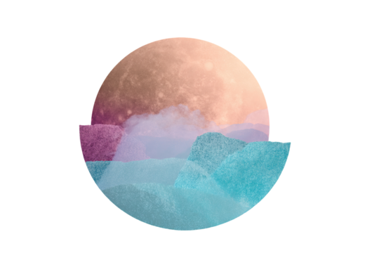 Geometric layered blob design with dreamy glow in a surreal landscape