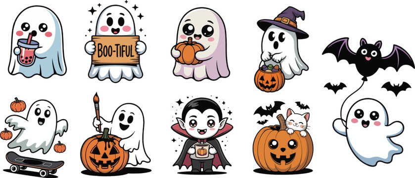 Cute cartoon ghosts and halloween characters for spooky season designs