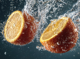 two halves of an orange being submerged in water, creating a splash and bubbles around them.