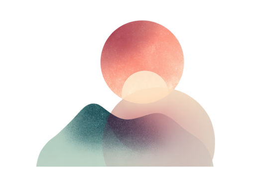 Geometric layered blob creates a dreamy glow resembling a tranquil landscape