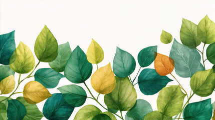  a watercolor painting of a variety of leaves in different shades of green, yellow, and orange, arranged on a white background. The leaves are intricately detailed, showcasing the natural beauty.