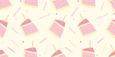 Seamless birthday pattern featuring hand drawn pink cake slices and lit candles. Perfect for cards, wrapping paper, invitations, and festive designs
