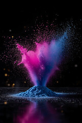 A vibrant powder explosion on a sleek black surface, accentuated by low-key lighting and soft bokeh highlights, is perfect for high-speed art or product photography, showcasing energy and contrast.