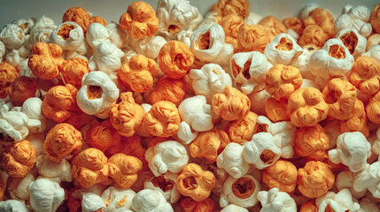 a colorful assortment of popcorn. The popcorn is a mix of white and orange kernels, with some kernels appearing to be slightly more orange than others. The popcorn is densely packed.