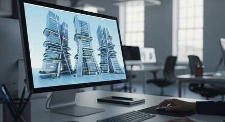 Naklejka premium 3D rendering of futuristic building designs on computer screen in office.