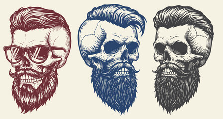 Barber Shop logo, Vintage Bearded Barber Skull With Stylish Hairstyle, Vector illustration
