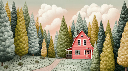 a charming, red house nestled in a vibrant forest. The scene is set against a background of tall, colorful trees with a pathway leading up to the house. The sky is filled with fluffy clouds, creating 